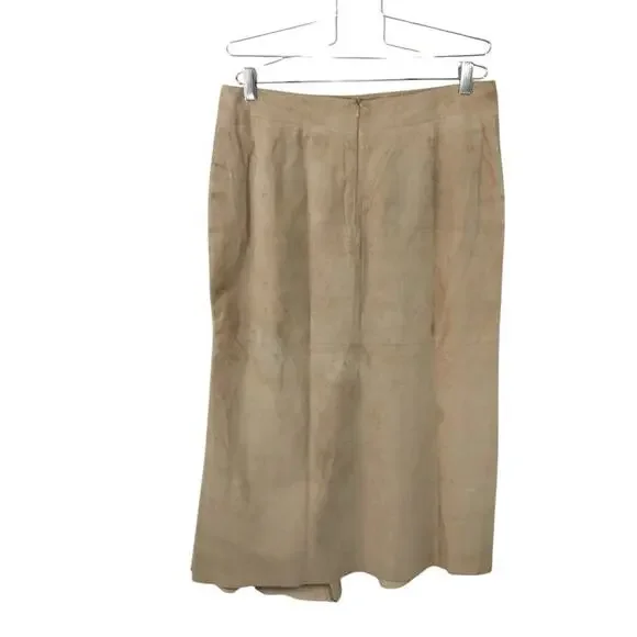 OLSEN EUROPE! FAWN BEIGE/TAN GENUINE SUEDE LEATHER GORED FULL A-LINE SKIRT!SZ 12 - Picture 5 of 14